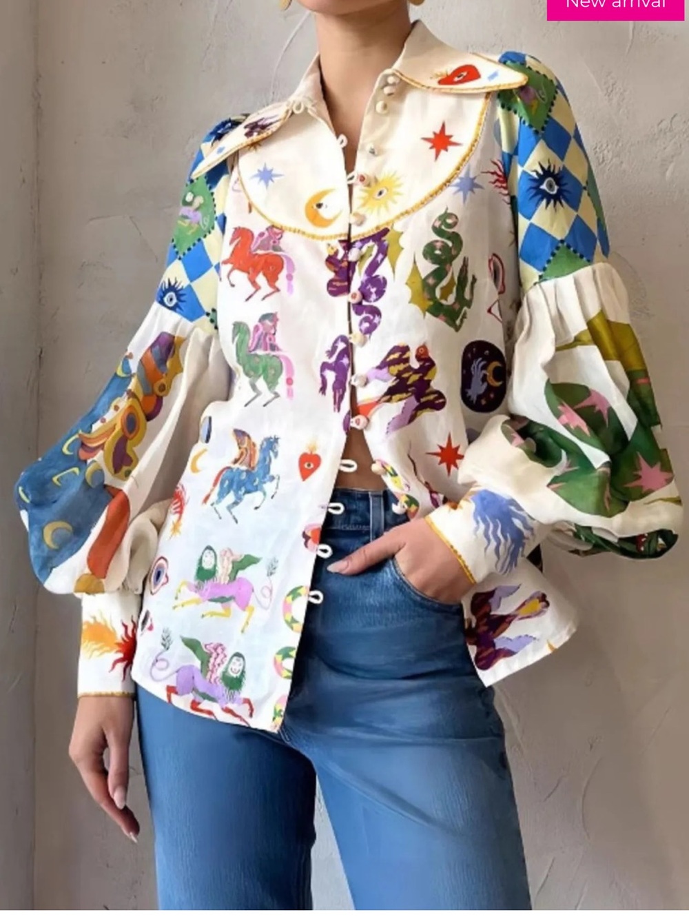 Commense Cream Multicolor Zodiac Print Puff Sleeve Button-Down Shirt